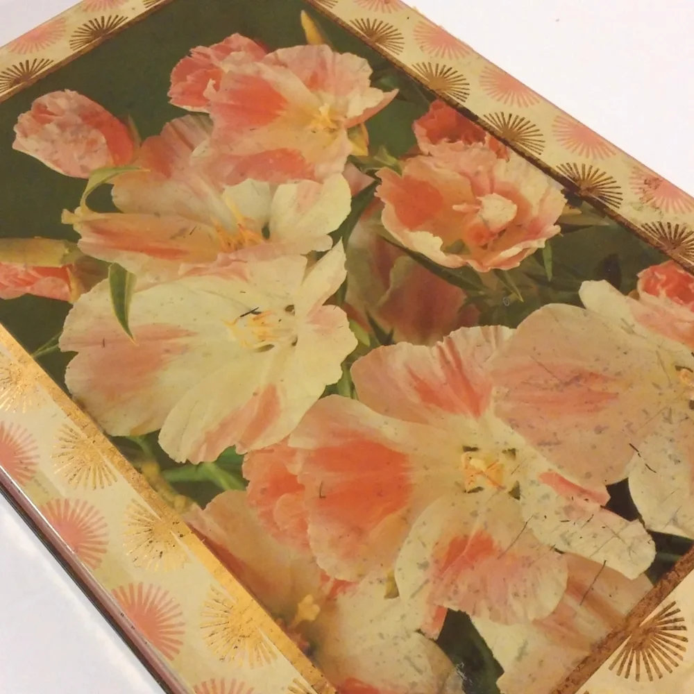 Vintage Floral Tin Box with Pink and Gold Design